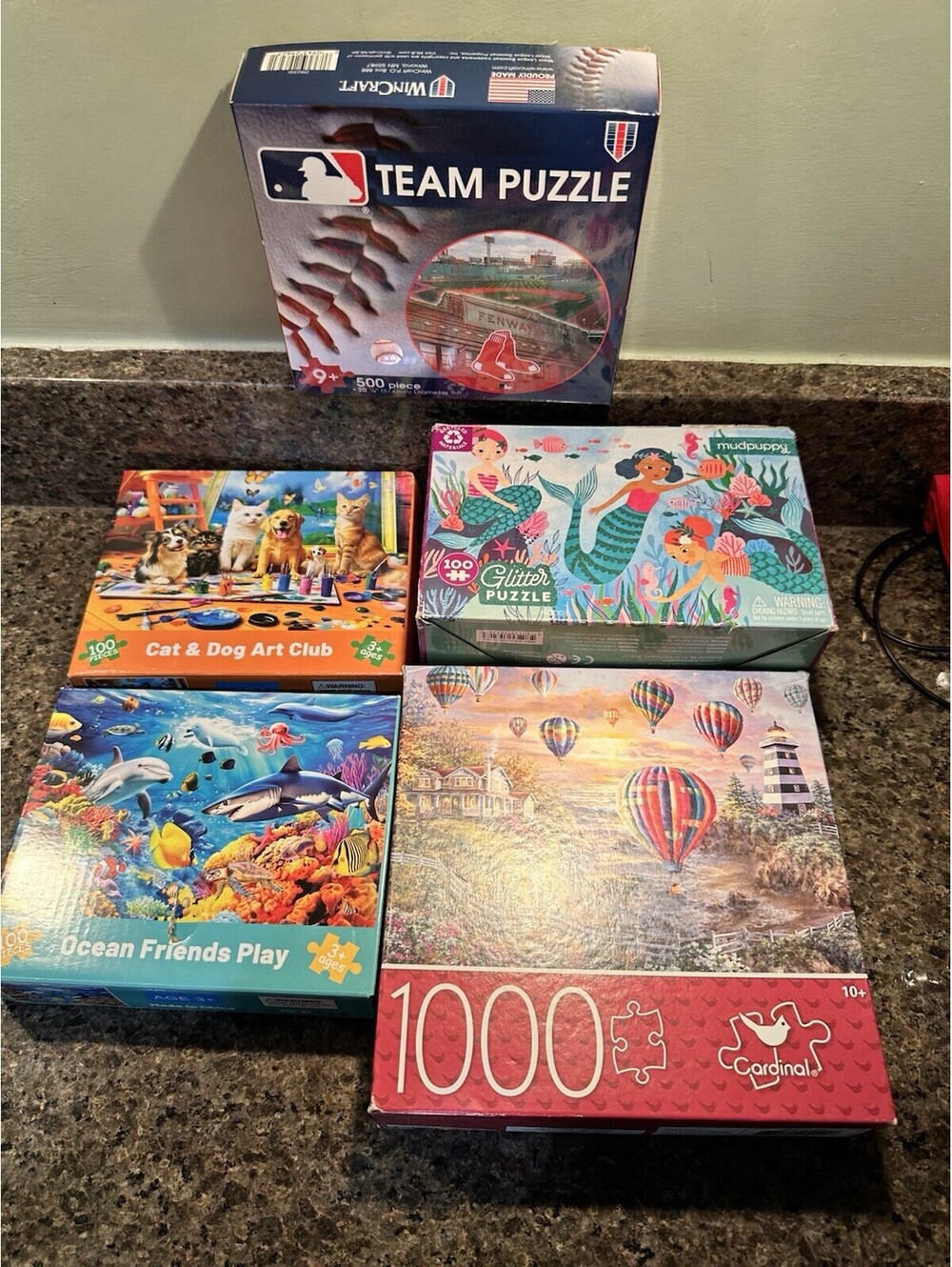 Lot of 5 Jigsaw Puzzles 100 500 1000 Pcs Mudpuppy MLB Team Ocean Cats Balloons